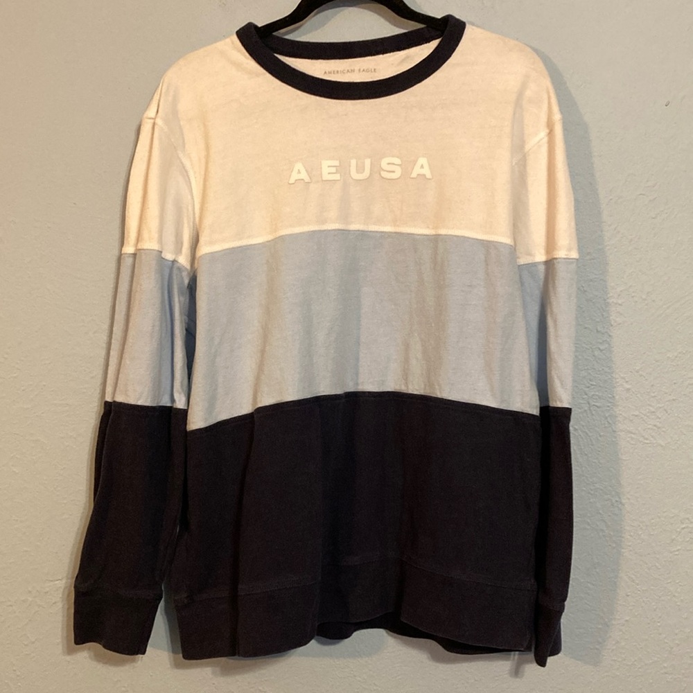 American Eagle Mens Size L Rugby Stripe Colorblock Blue White Long Sleeve Shirt